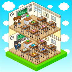 科学の授業中の教室と高校生のクォータービューの俯瞰イラスト素材