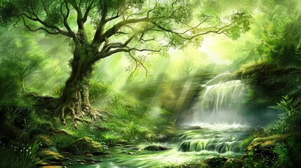 Obraz premium Sun Dappled Forest Waterfall