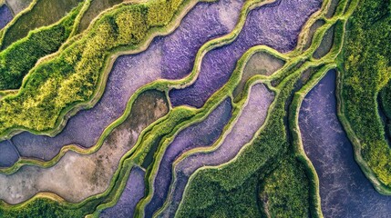 Aerial view of terraced riceberry fields, neatly cascading down a hillside with vibrant green and purple tones