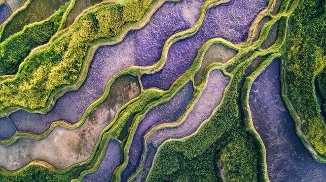 Aerial view of terraced riceberry fields, neatly cascading down a hillside with vibrant green and purple tones