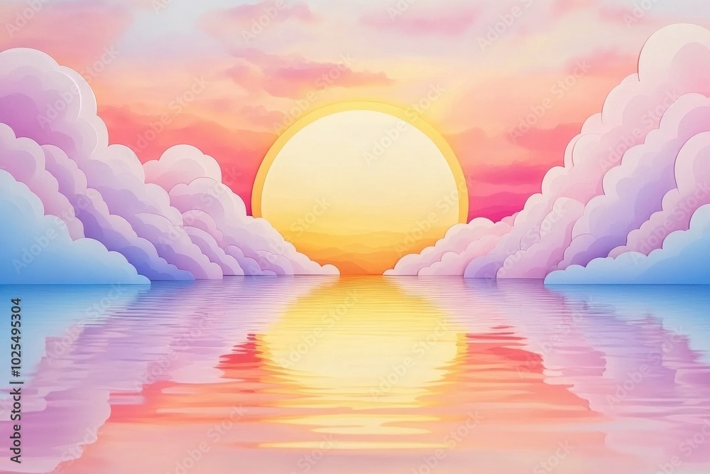 Wall mural Sunset clouds reflected on calm waters of a serene lake, Sunset clouds reflection on tranquil lake water