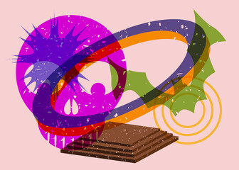 Risograph Halloween Skull and Bat with geometric shapes. Objects in trendy riso graph print texture style design with geometry elements.