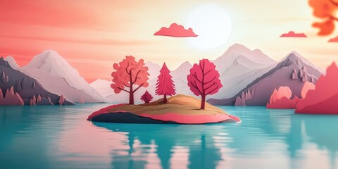 Scenic view of an island on a tranquil lake surrounded by mountains, Serene island landscape on a calm lake with mountain backdrop