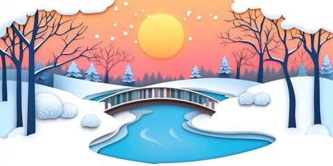Rivulet with a wooden bridge at sunset winding through a snow-covered landscape, Serene sunset over a snow-covered landscape with a winding brook and wooden bridge