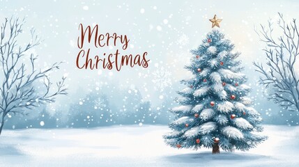 An artistic depiction of a small Christmas tree covered in fresh snow, standing proudly in a snowy landscape. 