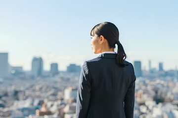 就活生・新入社員・スーツ・女性・青空・背中｜Job hunter, new employee, suit, female, blue sky, back