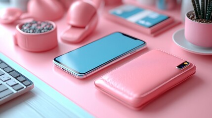 A stylish workspace featuring pink accessories, including a phone, wallet, and headphones.
