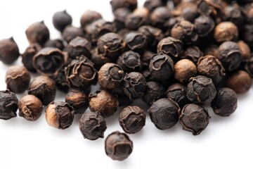 Obraz premium Close-up of whole black peppercorns scattered on a white surface, showcasing their glossy black texture and varying sizes.