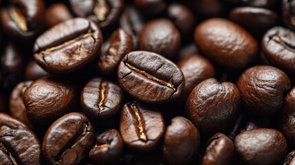 Fototapeta premium Close-up view of a pile of roasted coffee beans with a rich, dark color palette. The beans vary slightly in size and shape, creating a visually appealing texture. 