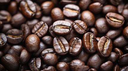 Close-up view of a pile of roasted coffee beans with a rich, dark color palette. The beans vary slightly in size and shape, creating a visually appealing texture. 