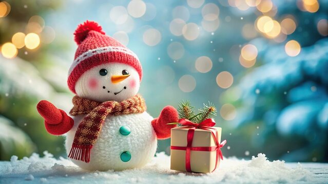 Cute snowman holding gift spreading Christmas joy