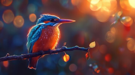 Fototapeta premium Colorful Bird Perched on Branch During Sunset Glow