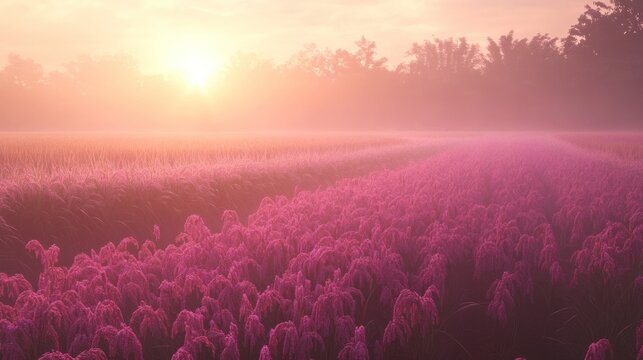 Misty morning over a riceberry rice field with fog hovering low over the vibrant purple rice stalks. The soft light from the rising sun begins to break through