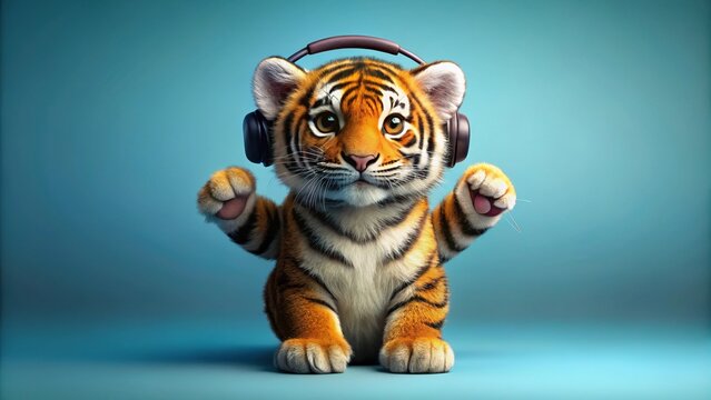 Cute tiger dancing with headphones