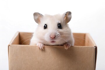 Fototapeta premium Cute white hamster peeking out of box with shyness