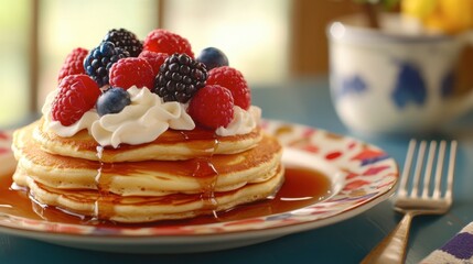 Delicious Stack of Pancakes with Berries and Syrup