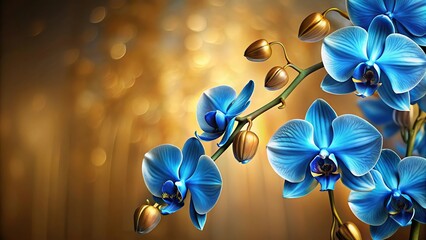 3D blue orchid flowers on gold background