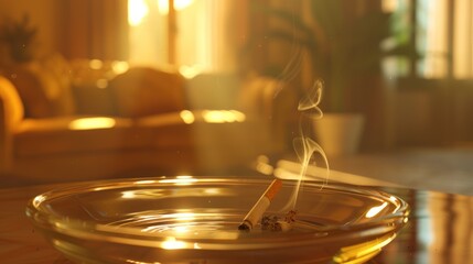 Obraz premium A Half-Smoked Cigarette in a Glass Ashtray with Smoke Rising