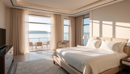 Luxurious bedroom with large bed, white linens, and floor-to-ceiling windows overlooking the water.
