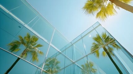 Modern Glass Building with Palm Trees.