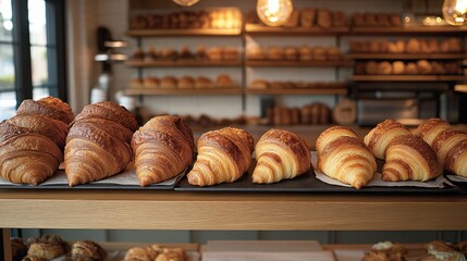Freshly Baked Croissants in Bakery Display