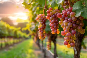 Ripe grapes in vineyard at sunset. Ripe grapes in vineyard.