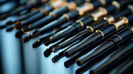 Black and Gold Mascara Brushes Arranged in a Row