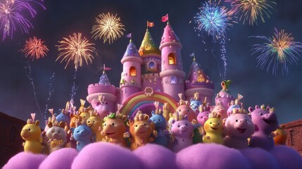 Fototapeta premium 3D animals holding a magical celebration in a cloud castle with a rainbow bridge, surrounded by colorful fireworks in the night sky.
