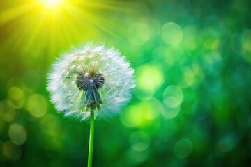 Dandelion in sunlight on green background