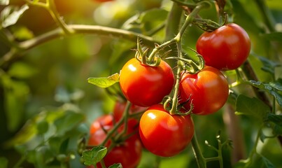 Obraz premium Ripe red cherry tomatoes on a branch in a greenhouse on a sunny day