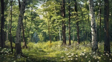 Obraz premium Sunlit Forest Floor with White Flowers and Tall Trees