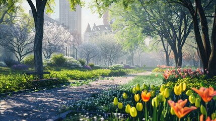 Obraz premium A Sunny Stroll Through a City Park With Tulips and a Bench