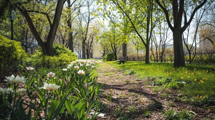 A Woodland Path Lined with White Flowers and a Wooden Bench