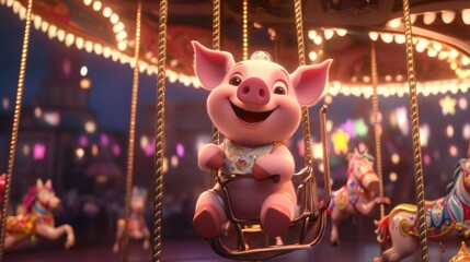 Naklejka premium A happy cartoon pig riding a carousel in an amusement park, surrounded by colorful lights and joyful atmosphere.