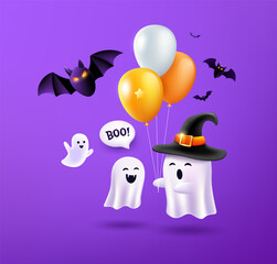 Halloween Ghost wearing a purple hat holding a balloon, bat flying poster design purple background, Eps 10 vector illustration