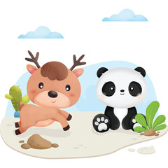 Cute little deer and panda best friend animals jungle
