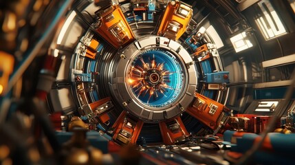 A futuristic, complex machine with a glowing blue core and intricate gears.
