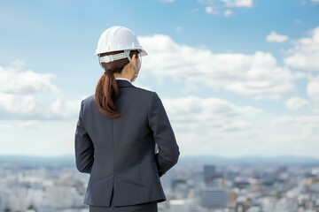 ビジネス・女性・ヘルメット・青空・背中｜Business, women, helmet, blue sky, back