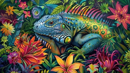 Obraz premium Vibrant Green Iguana Camouflaged in a Lush Tropical Rainforest