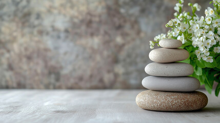 Balanced stones are carefully stacked next to a blooming flower arrangement on a rustic wooden surface, symbolizing tranquility and mental wellness, copy space
