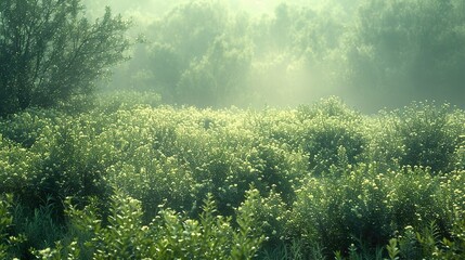 Obraz premium Tranquil Forest Landscape with Sunlight and Fog