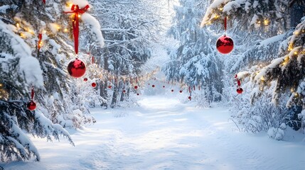A serene snowy forest scene serving as a winter wonderland backdrop, adorned with festive holiday details such as twinkling fairy lights, red ribbons, and decorative ornaments hanging from snow-laden 