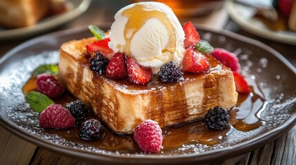 Delicious Waffle with Ice Cream and Berries Dessert