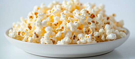 Closeup of a plate of freshly popped popcorn.