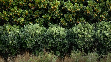 Close Up of Lush Green Bushes with Small Orange Berries
