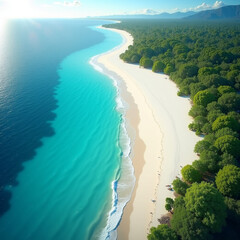 Aerial Coastal Beauty: White Sands, Azure Waters, and Lush Greens Under Radiant Sunshine with Generative AI