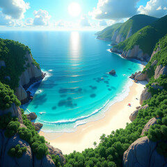 Aerial View of a Stunning Coastline with Turquoise Waters, White Sand, and Lush Greenery Under Clear Skies with Generative AI