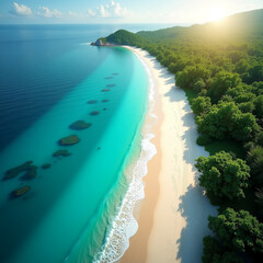 Bird?s-Eye Perspective of a Serene Beach with Turquoise Waves and Vibrant Greenery in Bright Sunlight with Generative AI