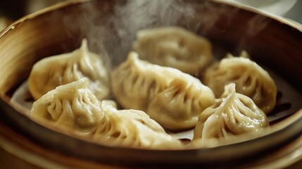Steaming Dumplings in Bamboo Basket