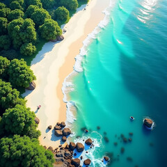 Panoramic Coastal Scene with Blue Water, White Sand, and Tropical Greenery Beneath a Radiant Sky with Generative AI